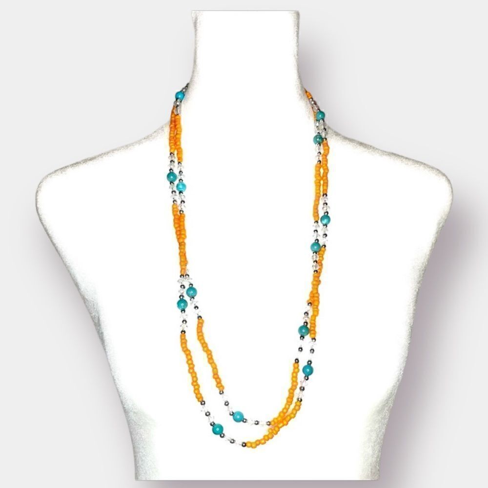 long Necklace Wrap Orange Turquoise Crystal
